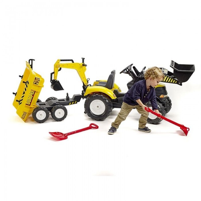 Yellow Power pedal Loader constructor backhoe with excavator, Maxi tilt trailer, helmet, shovel and rake