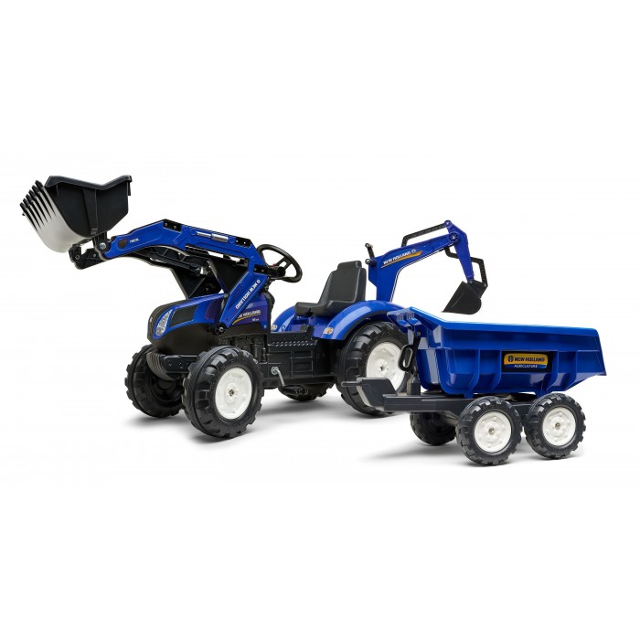 Falk New Holland T8 Pedal Backhoe Loader with Front Loader, Rear Excavator and Maxi Tilt Trailer Ride-on +3 years FA3090W