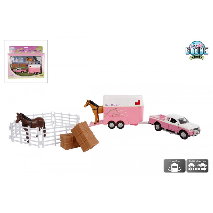 Kids Globe 1:32 Scale Pink Diecast Mitsubishi L 200 Pickup with Horse Trailer - 2 Horses and Accessories KG520205