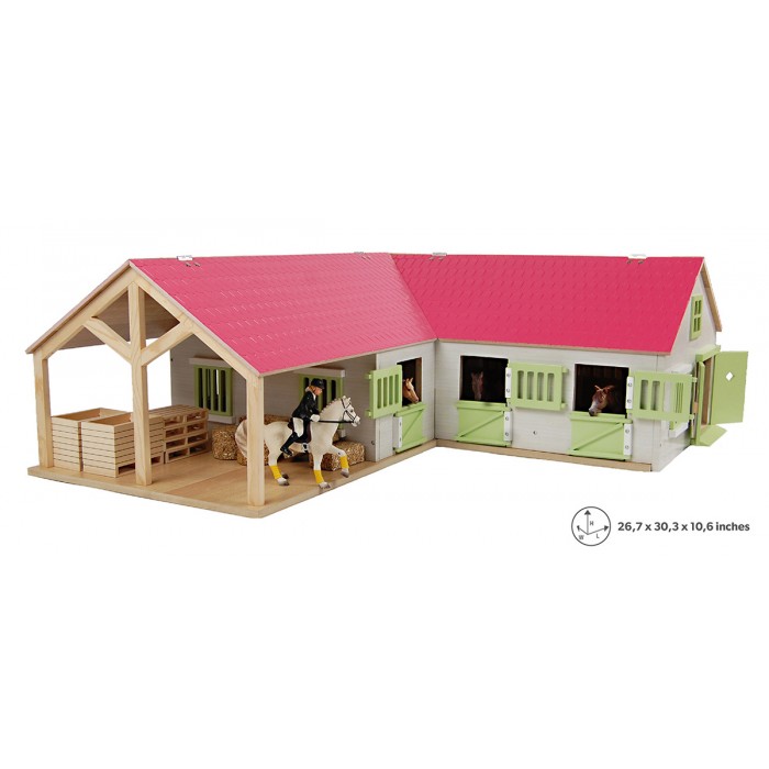 Kids Globe 1:24 Scale Wooden Horse stable Toy with 4 Stalls - Grooming Stall and Storage Pink-White-Light Green KG610210