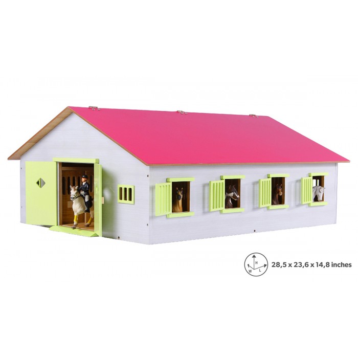 Kids Globe 1:24 Scale Wooden Horse Stable Toy with 7 Stalls Pink-White-Light Green KG610189