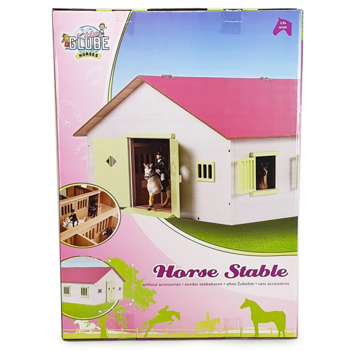 Kids Globe 1:24 Scale Wooden Horse Stable Toy with 7 Stalls Pink-White-Light Green KG610189