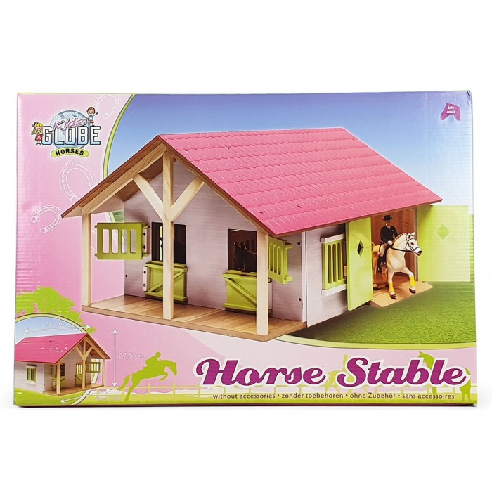 Kids Globe 1:24 Scale Wooden Horse Stable Toy with 2 Stalls - and Workshop Pink-White-Light Green KG610168