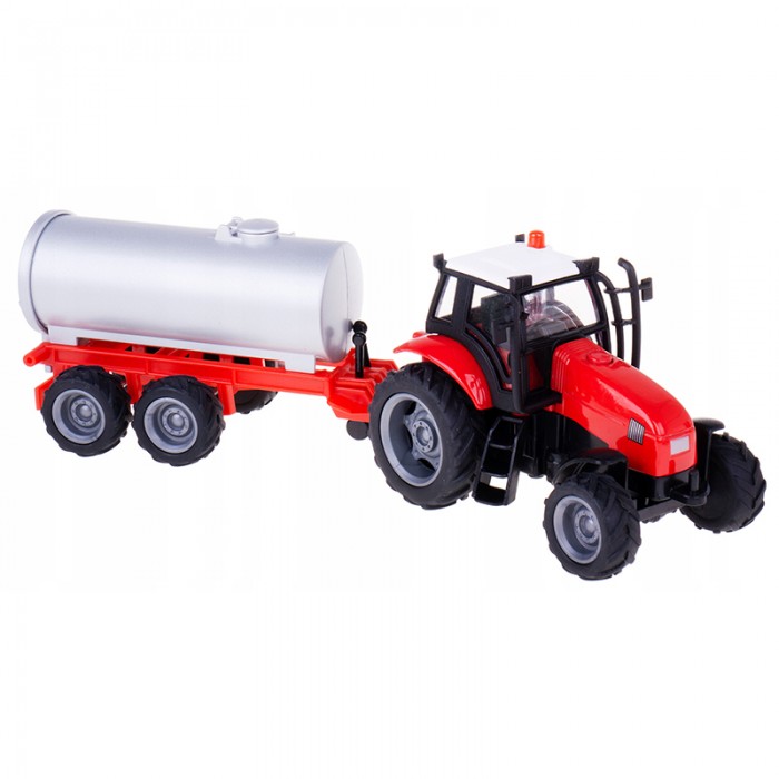 Kids Globe 1:32 Scale Red Diecast Tractor Toy with Grey Tanker Trailer - Light and Sound - Pullback Action System KG510653D