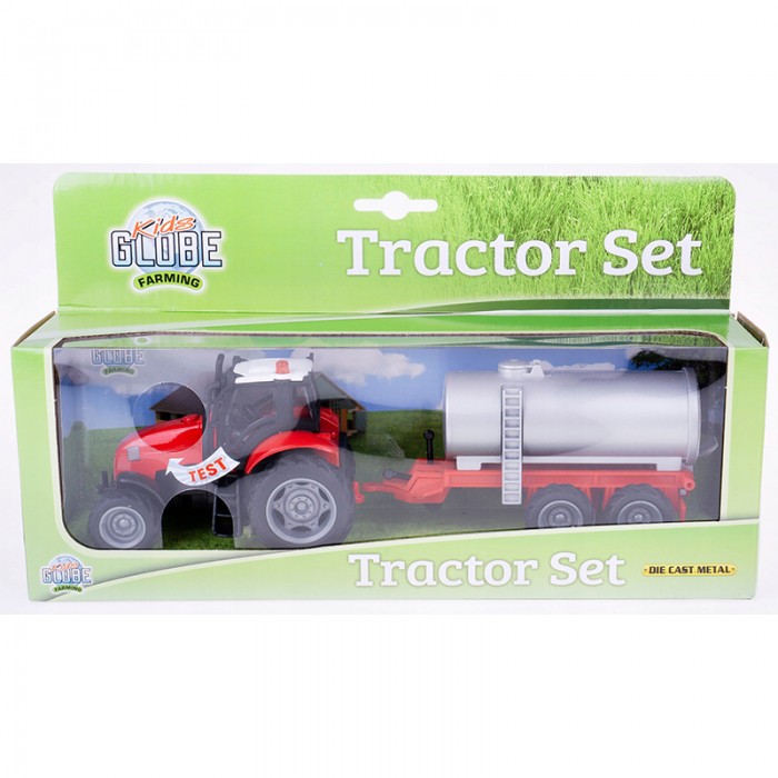 Kids Globe 1:32 Scale Red Diecast Tractor Toy with Grey Tanker Trailer - Light and Sound - Pullback Action System KG510653D