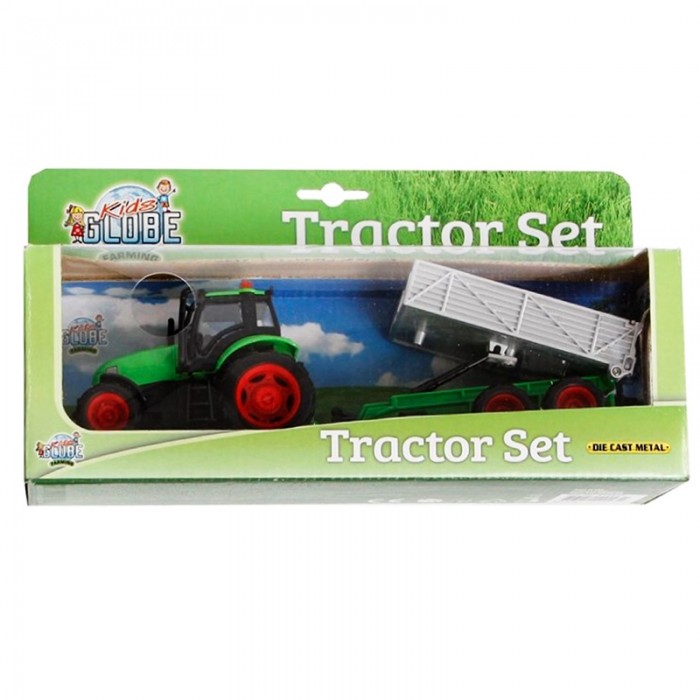 Kids Globe 1:32 Scale Green Diecast Tractor Toy with Grey Trailer - Light and Sound - Pullback Action System KG510653C