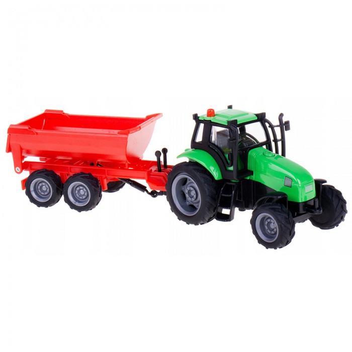 Kids Globe 1:32 Scale Green Diecast Tractor Toy with Red Dumper Trailer - light and sound and Pullback action KG610653