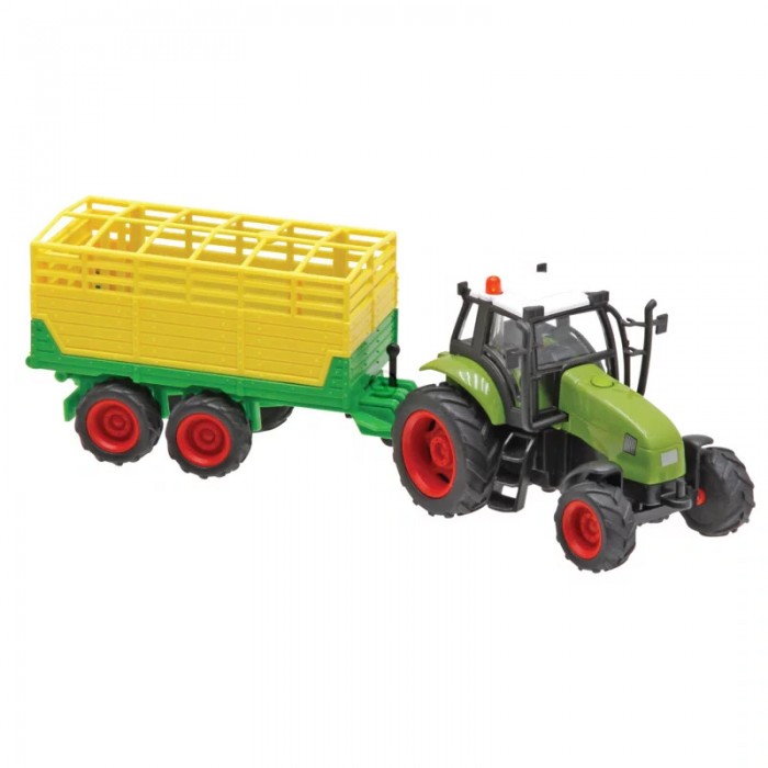 Kids Globe 1:32 Scale Green Diecast Tractor Toy with Yellow Cattle Trailer - Light and Sound - Pullback Action System KG510653A
