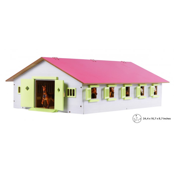 Kids Globe 1:32 Scale Wooden Horse Stable Toy with 9 Stalls Pink-White-Light Green KG610188