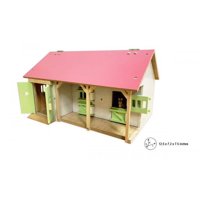 Kids Globe 1:32 Scale Wooden Horse Stable Toy with 2 Stalls Pink-White-Light Green KG610245