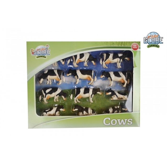Kids Globe 1:32 Scale 12 Piece Standing-Laying down Black and White Cow Set KG571929