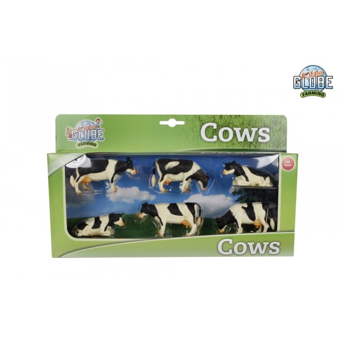 Kids Globe 1:32 Scale 6 Piece Standing-Laying down Black and White Cow Set Toys KG570009