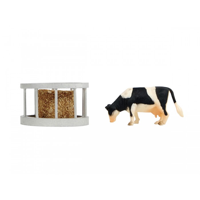 Kids Globe 1:32 Scale Cattle Feeder Set With Round Bale and Standing Cow KG571961