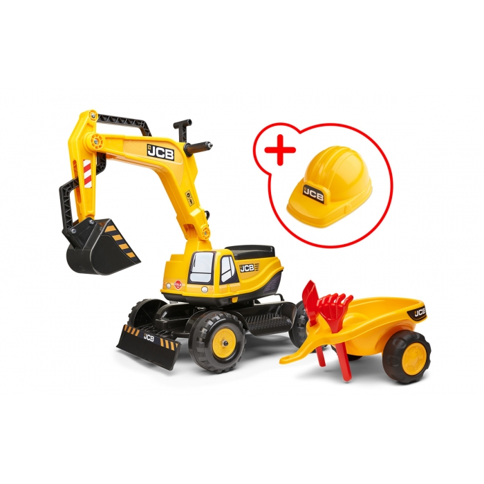 Falk JCB Wheeled Excavator with opening seat, Trailer with shovel and rake and construction manager helmet included, Ride-on +3