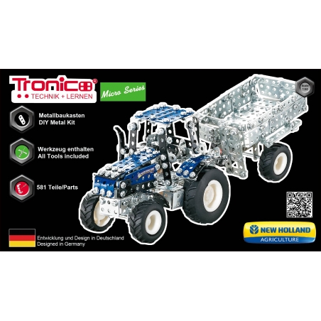 Tronico Micro Series - New Holland T5.115 Tractor with Trailer - 581 Parts Metal Construction set T9560