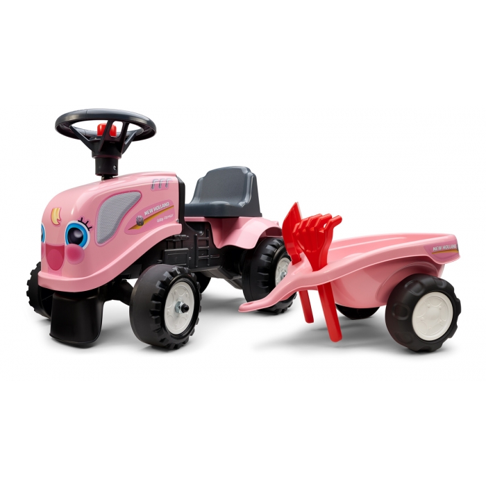 Falk New Holland Pink Tractor with trailer, Rake and Shovel, 2 sets of stickers, Ride-on and Push-along +1.5 years FA288C