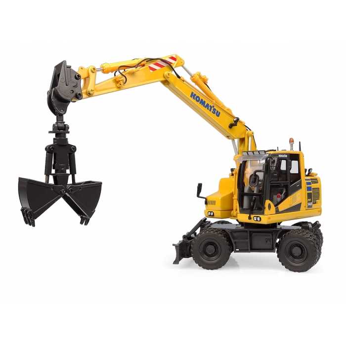 1:50 Scale Komatsu PW148-11 Hydraulic Wheeled Excavator with Standard and Clamshell Bucket Diecast replica
