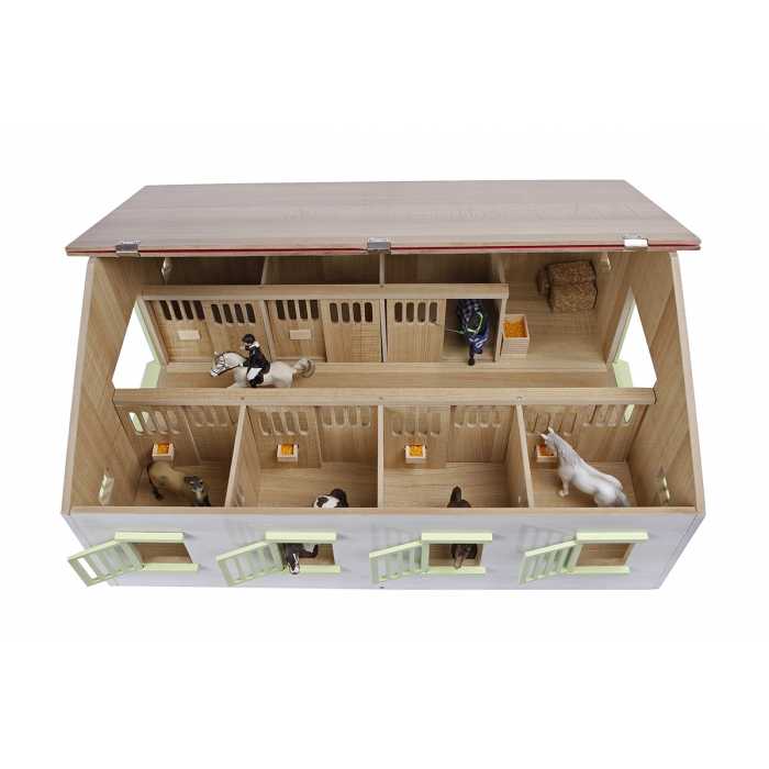 Kids Globe 1:24 Scale Wooden Horse Stable Toy with 7 Stalls Pink-White-Light Green KG610189