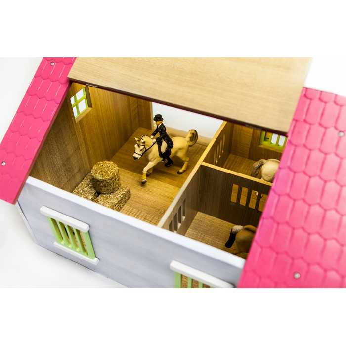 Kids Globe 1:24 Scale Wooden Horse Stable Toy with 2 Stalls, Pink-White-Light Green KG610168