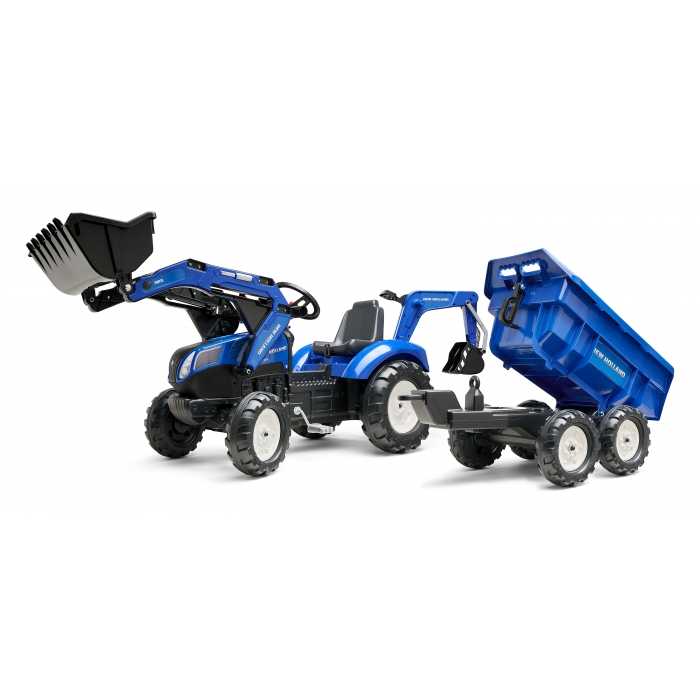 New Holland T8 Pedal Backhoe Loader with Front Loader, Rear Excavator and Maxi Tilt Trailer Ride-on +3 Years FA3090W